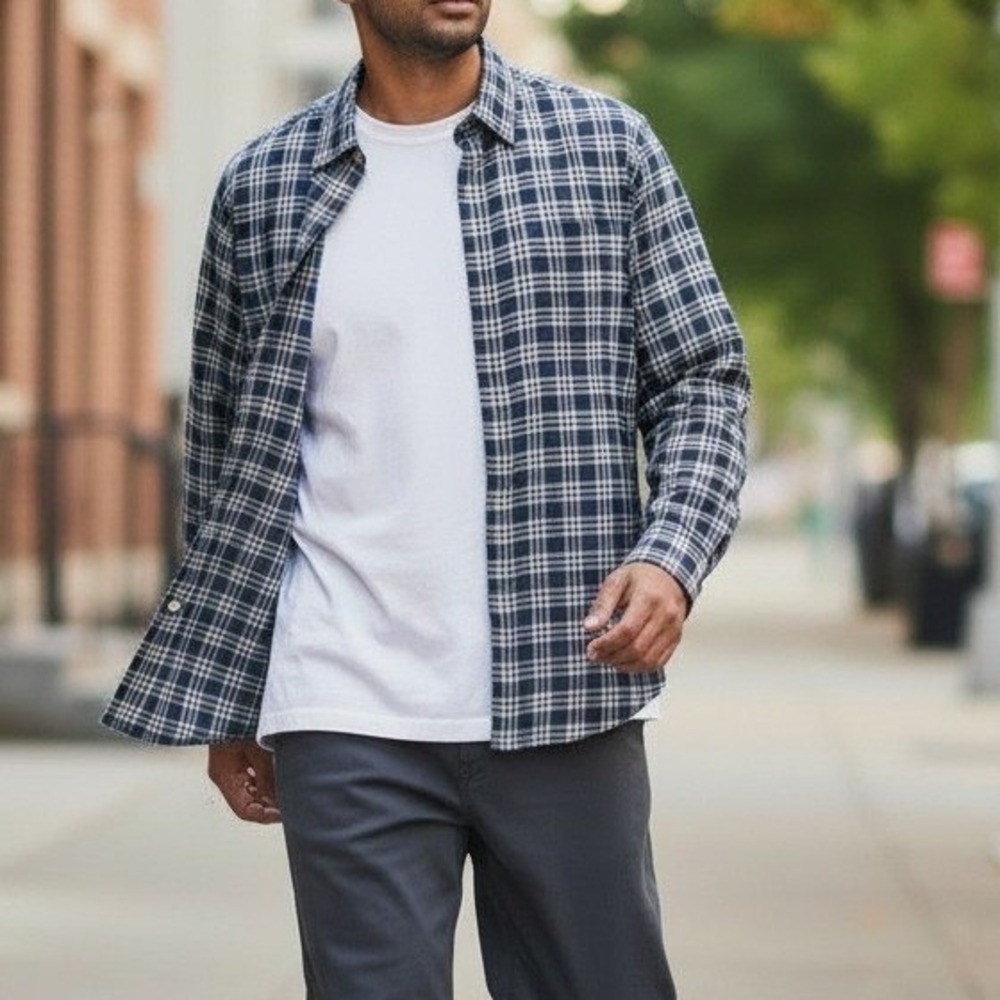 Country Road Workwear Mens Blue White Plaid Cotton Button Down Shirt Large L